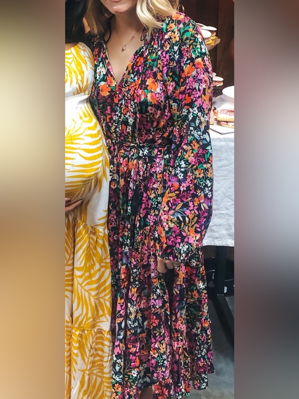 Petal & Pup Black Floral Smocked Neck Midi Dress with Pink & Green Blooms